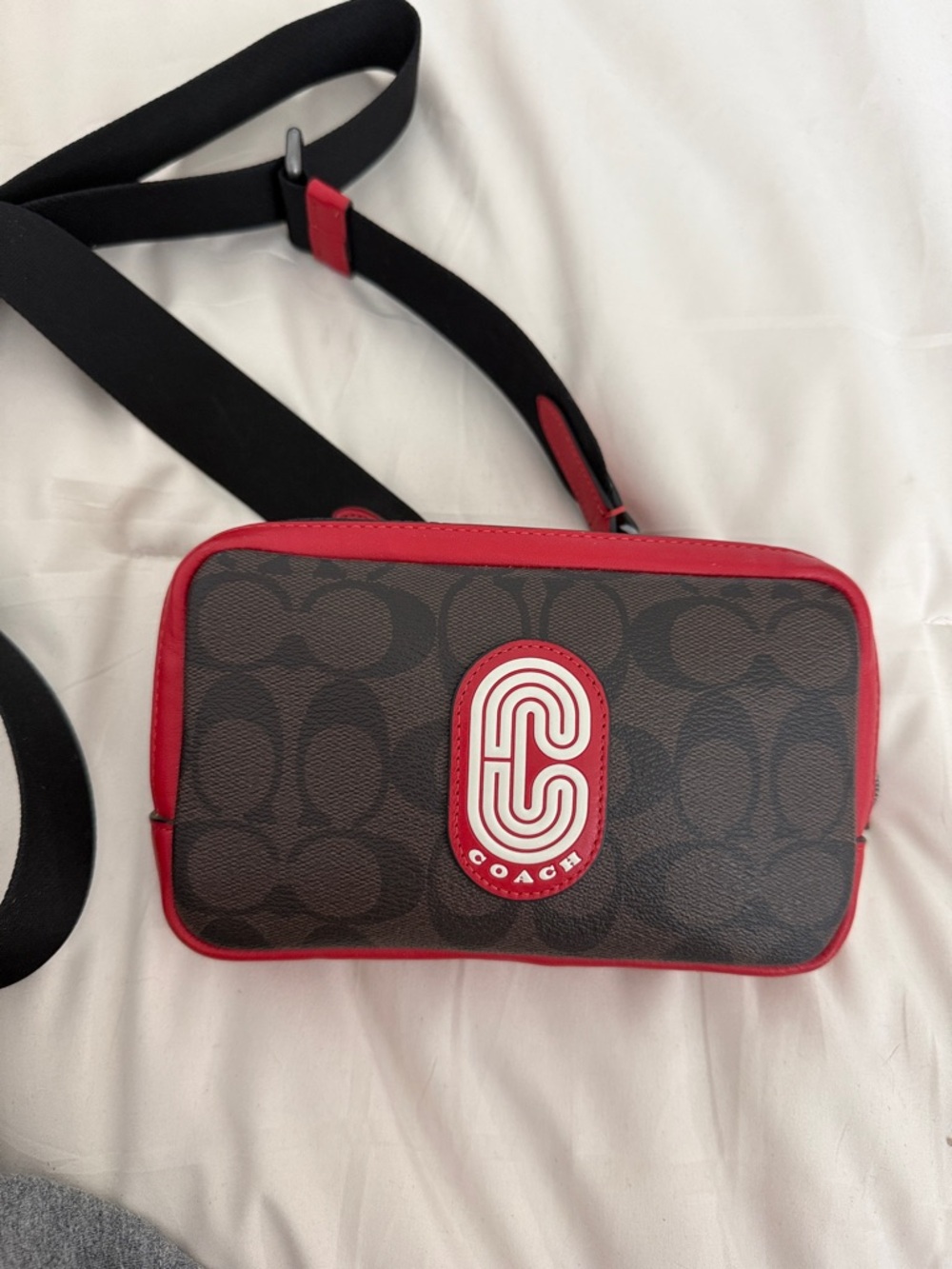 Coach Brown Signature Crossbody Bag with Red Trim